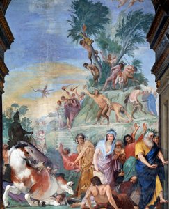 Las musas y los poetas cazados del Parnaso (musas y poetas expulsados del Parnaso) Detalle del fresco de Giovanni da San Giovanni (1592-1636) 1634-1642 Museo degli argenti, Palazzo Pitti, Florencia de Giovanni da San Giovanni
