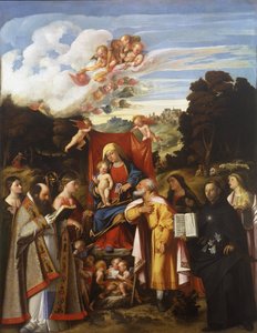 Madonna entronizada con ángeles, Santa Apolonia, San Agustín, Santa Catalina, San José, Santa Grata, San Felipe Benizzi y Santa Bárbara (Retablo de San Gotardo) de Giovanni de Busi Cariani
