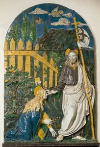 Noli me tangere Jesús sostiene una bandera blanca (estandarte) con una cruz roja y su aureola está marcada con una cruz. de Giovanni della Robbia