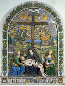 La Deposición (Piedad) Jesús Cristo y la Virgen María rodeados por San Juan y Santa María Magdalena ante la cruz con la inscripción INRI (bajo relieve) de Giovanni della Robbia