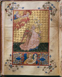 Italia, Anunciación: el Ángel con un lirio, miniatura de Giovanni di Benedetto da Como, del Officium Beatae Mariae Virginis de Alberto de Porcelis