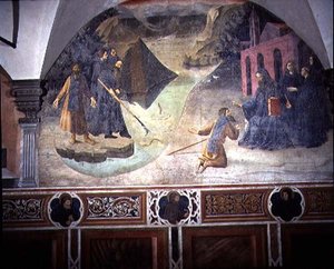San Benito recuperando el hacha del leñador del lago, (detalle) del ciclo de frescos de la vida de San Benito del Chiostro degli Aranci (Claustro de los Naranjos) c.1430