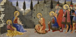 Adoración de los Magos, detalle de la Natividad y adoración de los Magos, entre 1457 y 1459, por Giovanni di Francesco (1412-1459), temple sobre madera. de Giovanni di Francesco