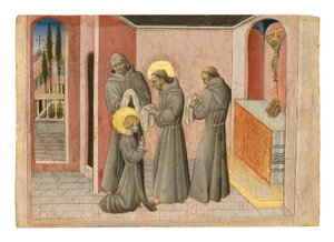 La Investidura de Santa Clara: la Santa recibiendo las ropas de su Orden de manos de San Francisco, c.1389-1482 (temple y oro sobre tabla)