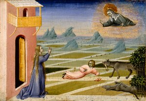 Santa Clara rescatando a un niño atacado por un lobo, c.1455-60 de Giovanni di Paolo di Grazia