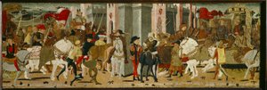 Panel de Cassone: Entrada triunfal de Rómulo y Tacio en Roma de Giovanni di Ser Giovanni