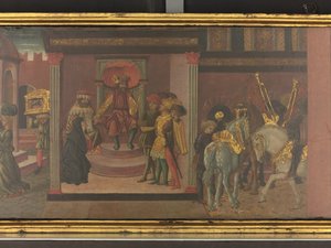 La historia de Trajano y la viuda, detalle de un panel de un cassone, c.1450 (temple sobre tabla) de Giovanni di Ser Giovanni Scheggia