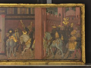 La historia de Trajano y la viuda, detalle de un panel de un cassone, c.1450 (temple sobre tabla)