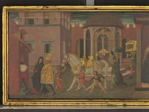 La historia de Trajano y la viuda, detalle de un panel de un cassone, c.1450 (temple sobre tabla)