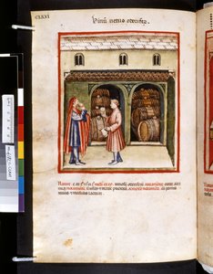 Theatrum sanitatis de Ububchasym de Baldach: "Vinum Vetus Odoriferum", primera década del siglo XIV (miniatura) de Giovannino de