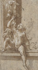 Un putto sentado en un marco de Girolamo Mazzola Bedoli