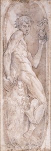 Adán sosteniendo una manzana, sentado, en un medallón, c.1547-1553 de Girolamo Mazzola Bedoli