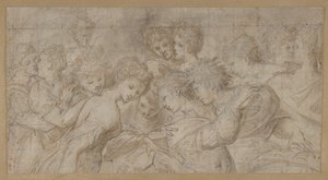 Figuras femeninas abrazándose, algunas sosteniendo partituras musicales, 1570-73