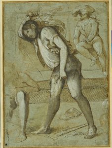 Un verdugo a punto de decapitar a un santo barbudo (pluma y tinta marrón con aguada y color de cuerpo blanco sobre papel)