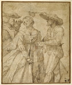 Escena de galantería: cuatro figuras de pie contra un fondo de paisaje de Girolamo Romanino
