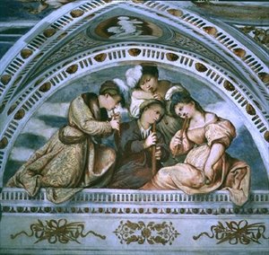 El concierto: instrumentos de viento, luneta de Girolamo Romanino