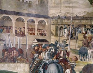 Torneo en Honor de Christian I de Dinamarca en Castello di Malpaga, (detalle) 1520-30 de Girolamo Romanino