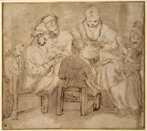 Mujeres y niñas sentadas alrededor de una mesa cosiendo de Girolamo Romanino