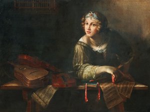 Representación alegórica con instrumentos musicales y notas de Girolamo Scaglia