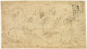 Relieve antiguo con Hércules y las yeguas de Diomedes (anverso); dos bocetos: Sátiro drapeado y Figura femenina alada (verso) de Girolamo da Carpi