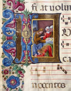 Letra decorada que representa a María Magdalena a los pies de Jesús. Miniatura de Girolamo da Cremona (activo alrededor de 1451-1483) y Liberale da Verona (1445-1529) de un coro (Cod. 22/7. c.15v) de la Catedral de Siena. Siglo XV Catedral (Duomo) de Siena de Girolamo da Cremona