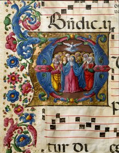 La paloma del Espíritu Santo aparece a la Virgen María y los apóstoles. Miniatura de Girolamo da Cremona (activo alrededor de 1451-1483) de un coro (Cod. 10/L. c.32v) de la Catedral de Siena. Siglo XV Catedral (Duomo) de Siena, Italia de Girolamo da Cremona