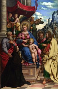 La Virgen y el Niño con ángeles, santos y un donante de Girolamo da Treviso the Younger