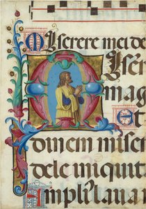 Iluminación de manuscrito con David en oración en una inicial M, de un Salterio de Girolamo dai Libri