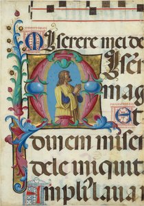 Iluminación de manuscrito con David en oración en una inicial M, de un Salterio, italiano, 1501-2 de Girolamo dai Libri