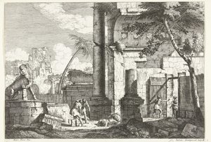 Ruinas antiguas con saqueadores de tumbas y palmeras Paisajes italianos (título de la serie) de Giuliano Giampiccoli