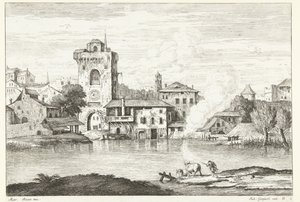 Vista de la ciudad con una torre sobre el agua Paisajes italianos (título de la serie)