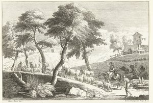 Paisaje montañoso con pastores y ganado. Paisajes italianos (título de la serie) de Giuliano Giampiccoli