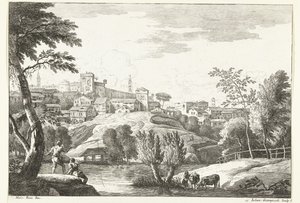Paisaje montañoso con ciudad y pescador. Paisajes italianos (título de la serie) de Giuliano Giampiccoli