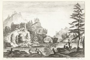 Paisaje con río y algunas figuras. Paisajes italianos (título de la serie) de Giuliano Giampiccoli