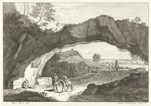 Paisaje con puente de piedra y algunas figuras. Paisajes italianos (título de la serie) de Giuliano Giampiccoli