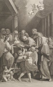 La circuncisión de Cristo, un grupo de hombres, mujeres y ángeles lo rodean, ca. 1760-1800 de Giuliano Traballesi