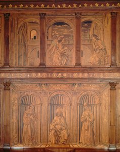Armarios restaurados en la Sacristía Norte (Sacrestia delle Messe) que representan la Anunciación y un Obispo entronizado