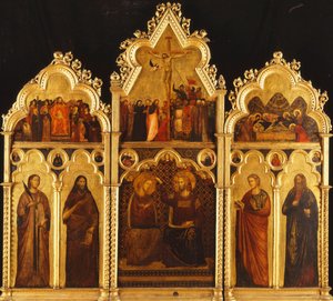 Un retablo en tres secciones: Centro: La coronación de la Virgen de Giuliano da Rimini