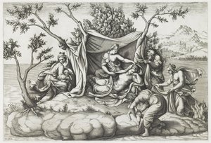 Latona dando a luz a Apolo y Diana, grabado por Diana Mantovana (después de 1575) (grabado)