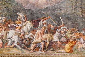 Áyax protegiendo el cadáver de Patroclo durante la batalla de Troya, El Caballo de Troya, Sala de Troya de Giulio (and workshop) Romano