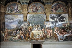 El noble banquete celebrando el matrimonio de Cupido y Psique, pared sur de la Sala de Cupido y Psique, c.1527-31 (fresco) de Giulio (and workshop) Romano