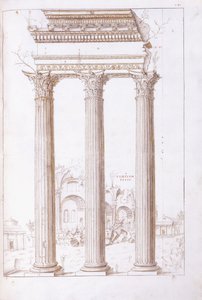 Las columnas del templo de Cástor y Pólux, con el templo de la Paz al fondo, c.1550 de Giulio (circle of) Romano