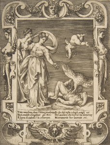 Un buitre comiendo las entrañas de Ticio, Cupido sobre dos mujeres a la izquierda, dentro de un marco elaborado, 1531-76 de Giulio Bonasone