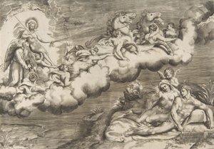 Una alegoría del sol naciente, un hombre desnudo con un sudario acompañado por el Padre Tiempo, 1531-76 de Giulio Bonasone