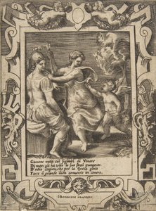 Atenea sentada cerca de Juno que ha tomado las flechas de Cupido de Giulio Bonasone