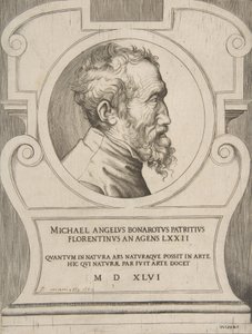 Retrato busto de Miguel Ángel mirando a la derecha, dentro de un cartucho, 1546 de Giulio Bonasone