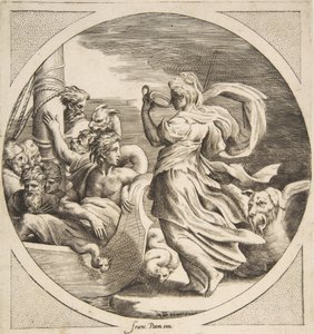 Circe bebiendo de una copa con los compañeros de Ulises en un bote a la izquierda