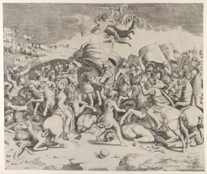 Constantino derrotando al tirano Majencio, ángeles con espadas vuelan arriba, 1544 de Giulio Bonasone