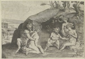 Tres ninfas y dos sátiros bañándose de Giulio Bonasone