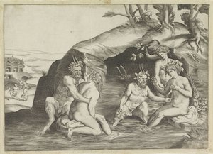 Tres ninfas y dos sátiros bañándose de Giulio Bonasone
